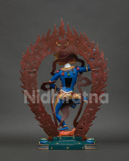 Simhamukha Statue Japan back view, handcrafted Buddhist sculpture with ornate details