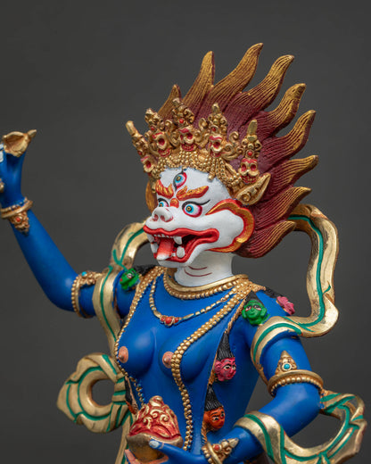 Simhamukha Statue Thailand detailed side close up, kartika knife, skull cup and flaming halo