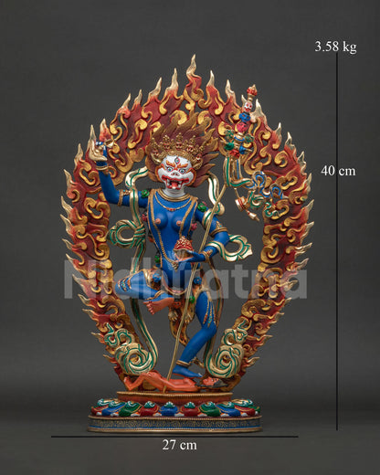Simhamukha Statue London front view, gold gilded lion faced dakini with flaming halo