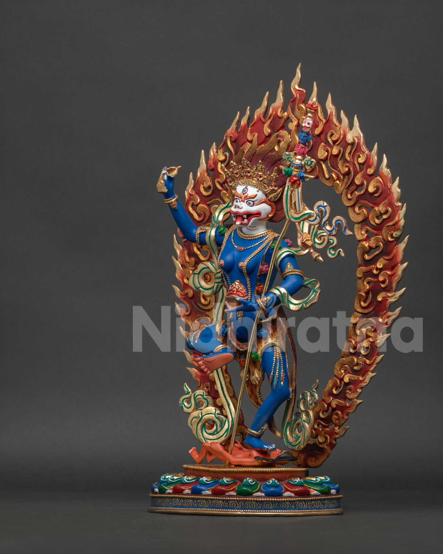 Simhamukha Statue Mongolia left view side, gold gilded Buddhist deity with lotus base