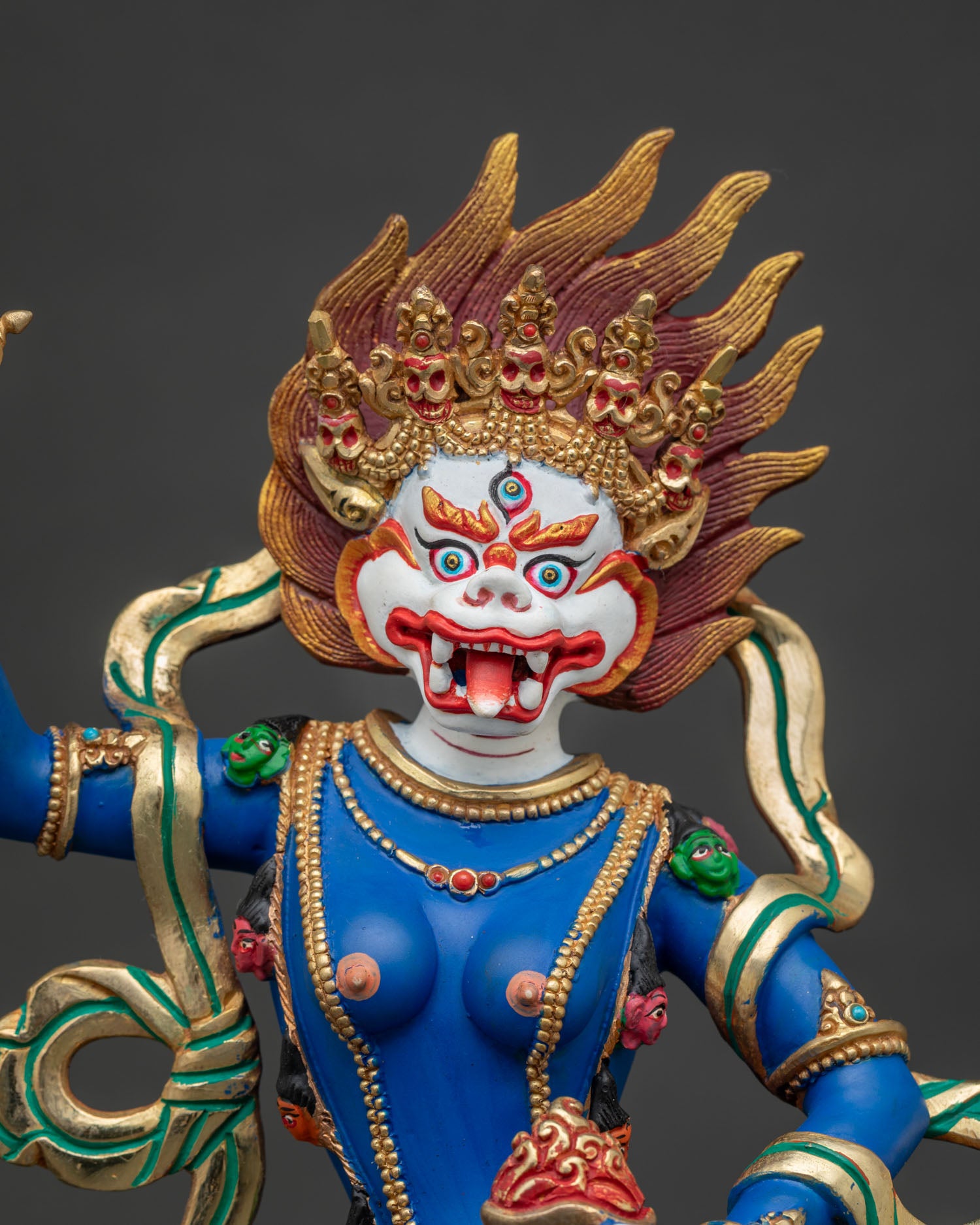 Simhamukha Statue new York regular close up, Nepalese Buddhist sculpture with stone adornments