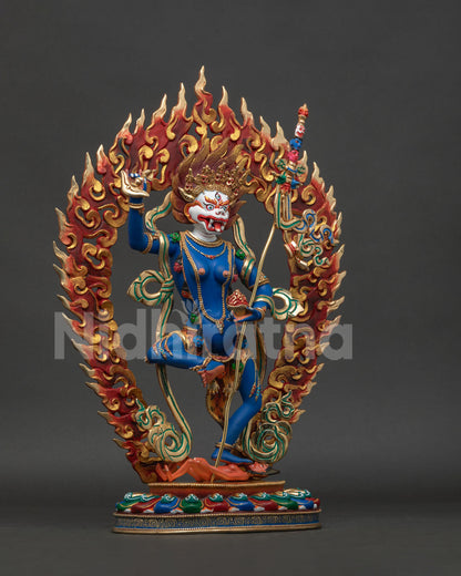 Simhamukha Statue Bhutan right view side, handcrafted dakini with flaming halo