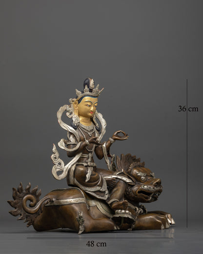 Simhanada chenrezig seated on snow lion with chemically oxidized copper finish.
