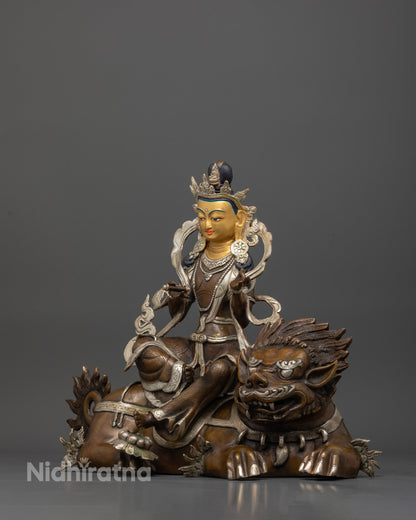Simhanada chenrezig statue with hand carved floral silk garment and silver plated robe.