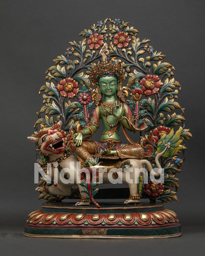 Simhanada Green Tara statue seated on snow lion, handcrafted Tibetan Buddhist sculpture