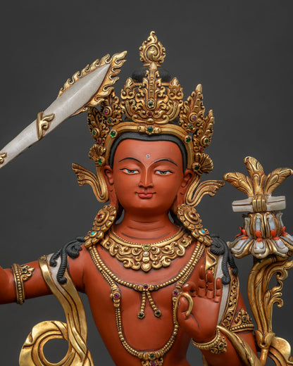 Simhanada Manjushri Buddhist statue with acrylic paint and Newari craftsmanship