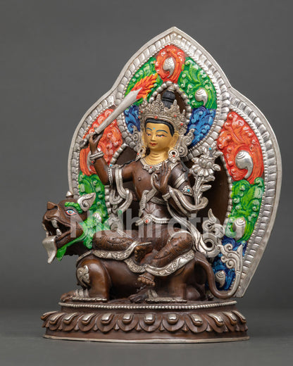 Simhanada Manjushri Left Side View Handcrafted Nepal Statue Oxidized Finish Buddhist Icon