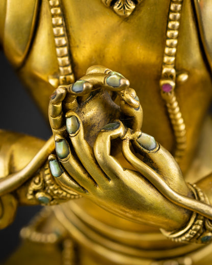 Simhanada Manjushri statue displaying dharmachakra mudra hand gesture, sacred Buddhist meditation centerpiece