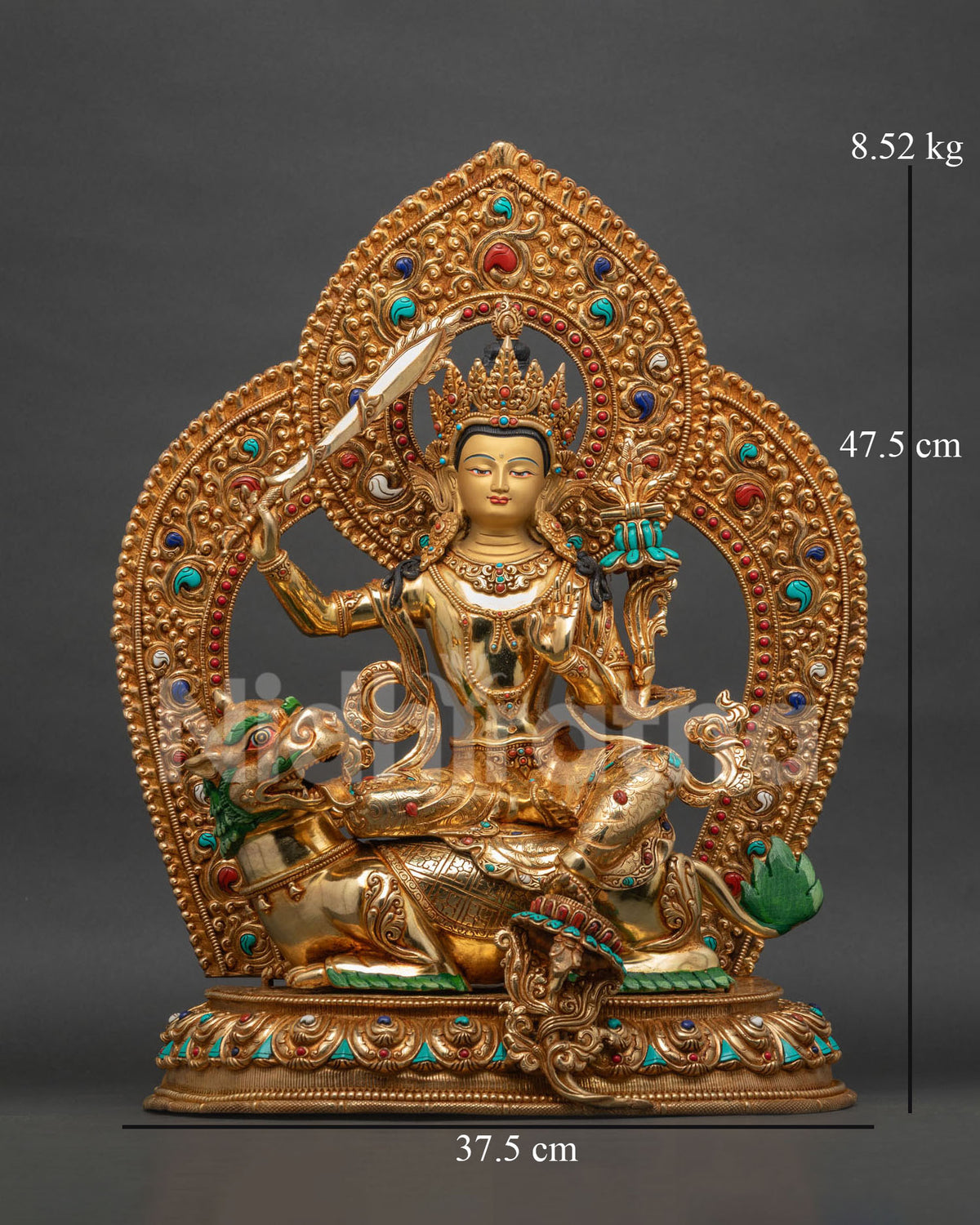 Simhanada Manjushri statue front view, gold-gilded copper on Snow Lion throne