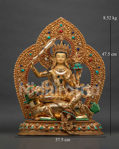 Simhanada Manjushri statue front view, gold-gilded copper on Snow Lion throne