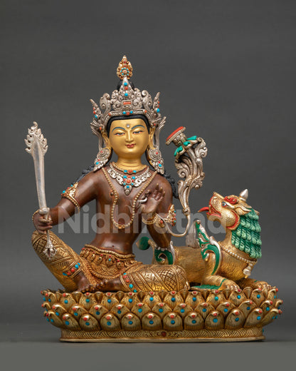 Simhanada Manjushri statue front view on lotus throne with snow lion copper oxidized Nepal