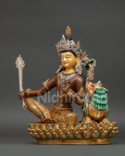 Simhanada Manjushri statue left side view copper oxidized utpala stem Nepal