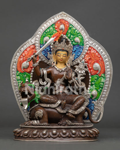 Simhanada Manjushri Statue Oxidized Copper Lion Riding Bodhisattva Himalayan Buddhist Art