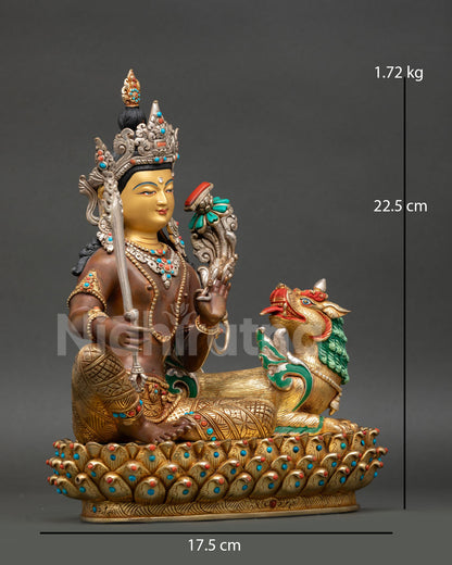 Simhanada Manjushri statue right side view copper oxidized sword wisdom Nepal