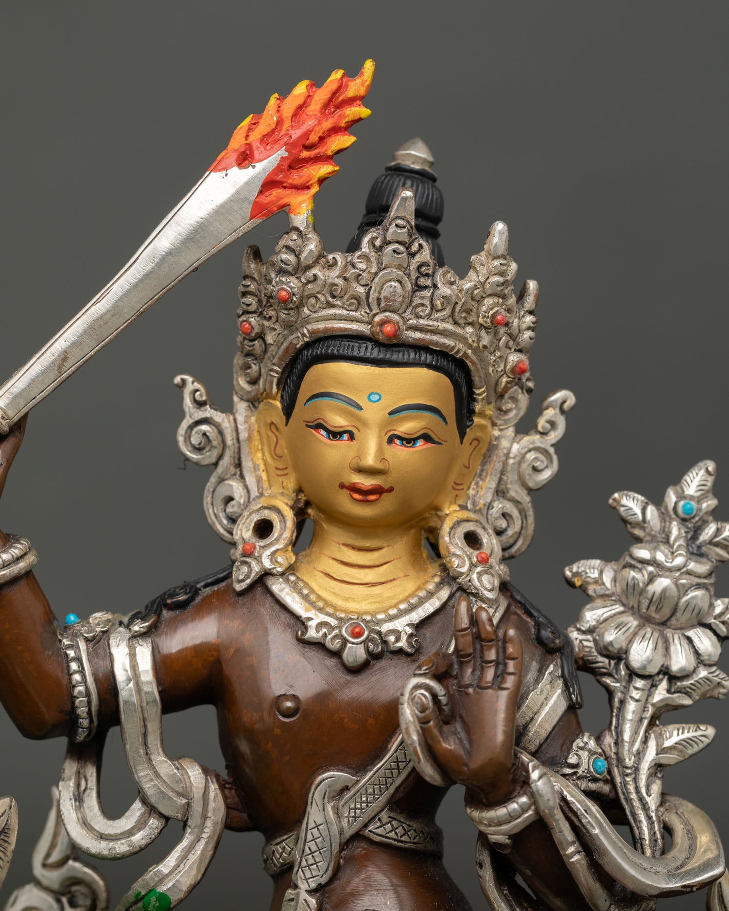 Simhanada Manjushri Statue Sacred Copper Detail View Handcrafted Nepalese Lost Wax Art