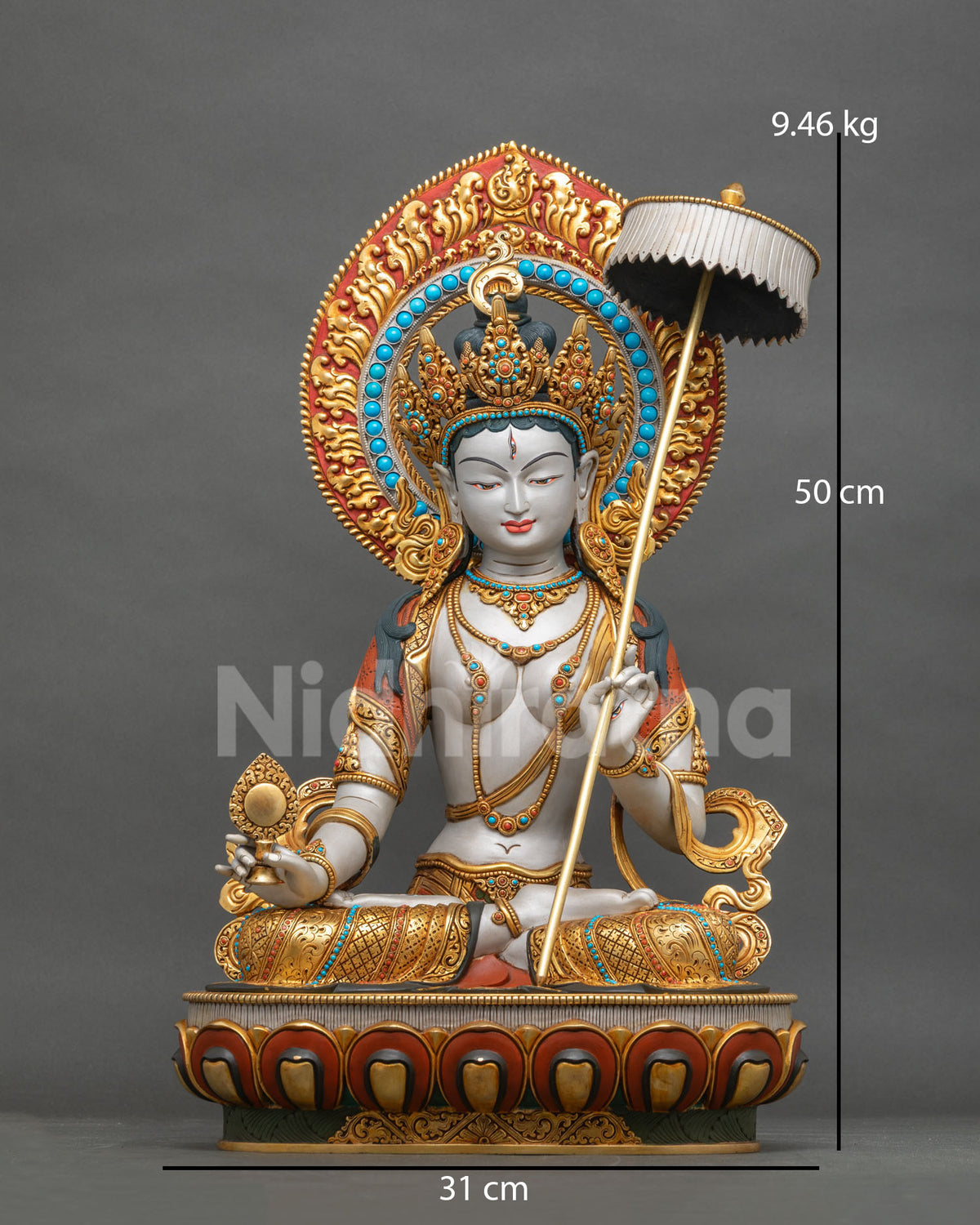 Sitatapatra Dukkar statue front view, hand-painted gold-gilded copper White Umbrella Tara from Nepal