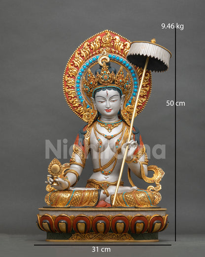 Sitatapatra Dukkar statue front view, hand-painted gold-gilded copper White Umbrella Tara from Nepal