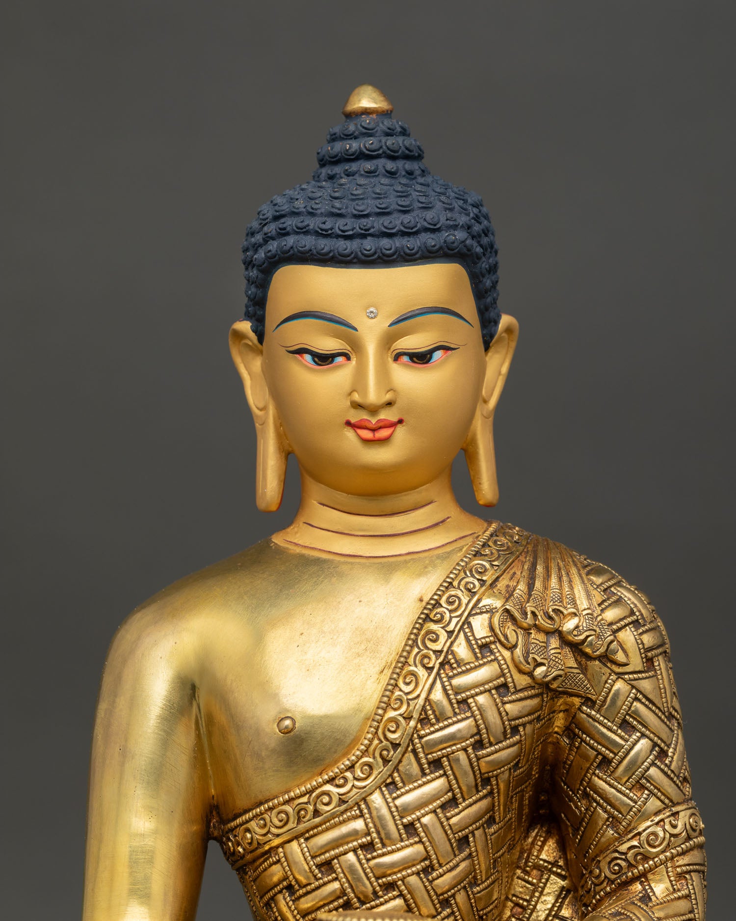 Sitting Buddha Statue Copper Fire Gilded Himalayan Art Close Up