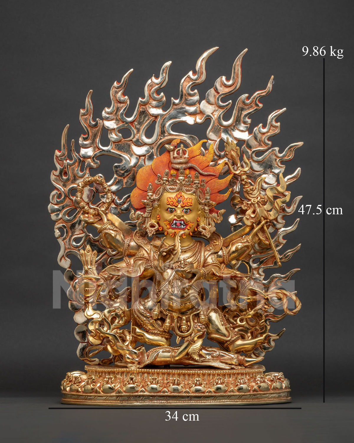 Six Arm Mahakala Statue front view, Nepalese copper gold gilded Gonpo Chagdrukpa with flame halo
