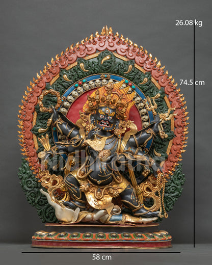 Six-Armed Black Mahakala Statue front view, gold-gilded copper Shadbhuja Mahakala from Nepal