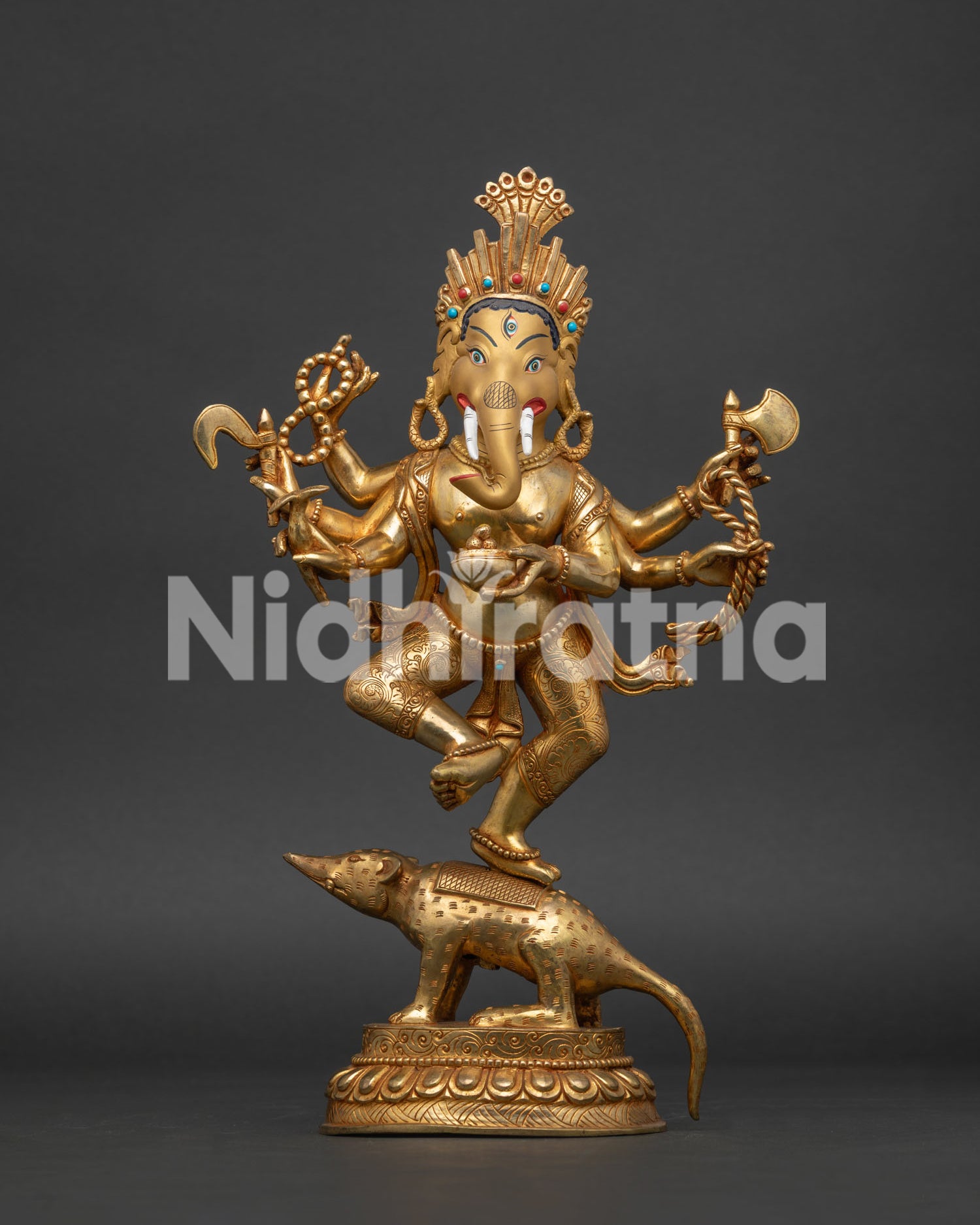 Six Armed Ganesha Statue from Nepal with 24K Gold Fire Gilding