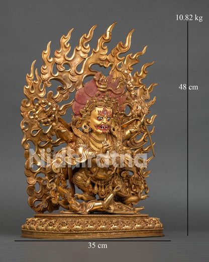 Six Armed Mahakala Buddhist sculpture with three eyes and sacred Dharma attributes