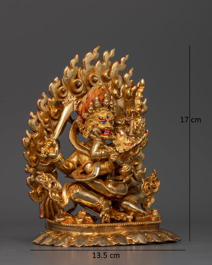 Six Armed Mahakala Buddhist Statue with Gold Painted Face Flaying Knife Skull Cup and Trident