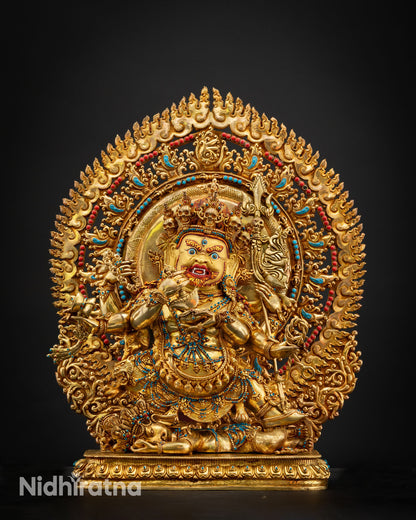 Six Armed Mahakala detailed close up view ritual objects curved knife skull cup trident mala lasso damaru Vajrayana protector artwork