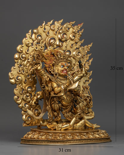 Six-Armed Mahakala holding skull rosary damaru lasso trident skull cup and kartika.