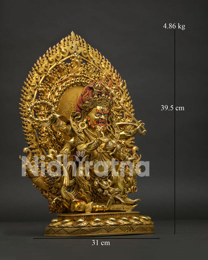 Six Armed Mahakala right side view gold gilded copper statue