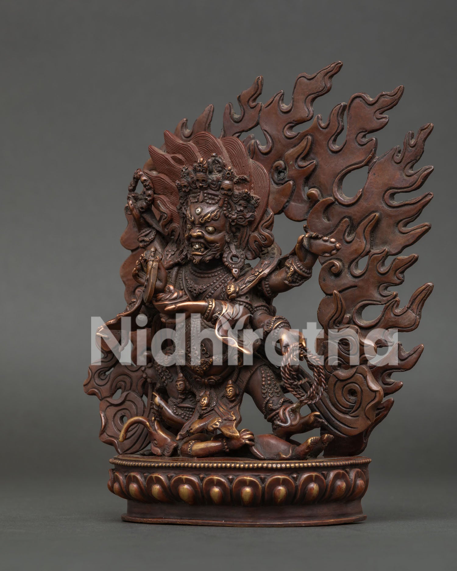 Six Armed Mahakala side view showing skull cup damaru trident and lasso details.