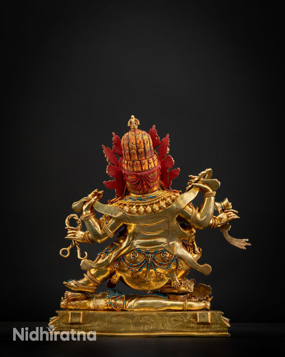 Six Armed Mahakala statue back view handcrafted Nepal copper sculpture, turquoise coral inlay Buddhist guardian deity