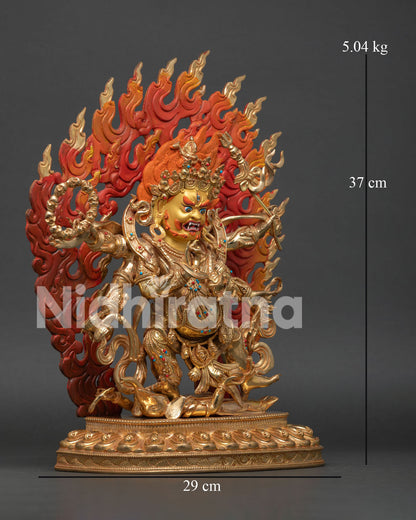 Six-Armed Mahakala statue, displays the trident, skull cup, damaru, lasso, and skull rosary with intricate carvings
