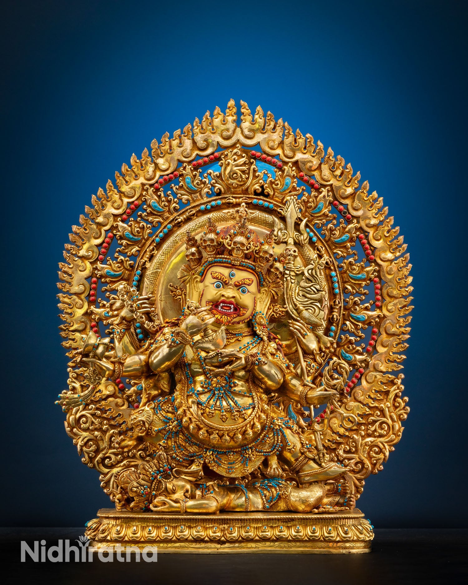 Six Armed Mahakala statue front view handcrafted copper sculpture with 24K gold fire gilding Newari lost wax Tibetan protector deity Nepal
