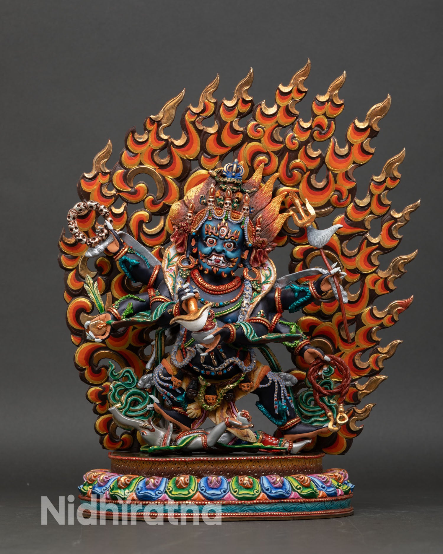 Six Armed Mahakala statue front view handpainted copper Shadbhuja Mahakala flaming halo Nepal artisan