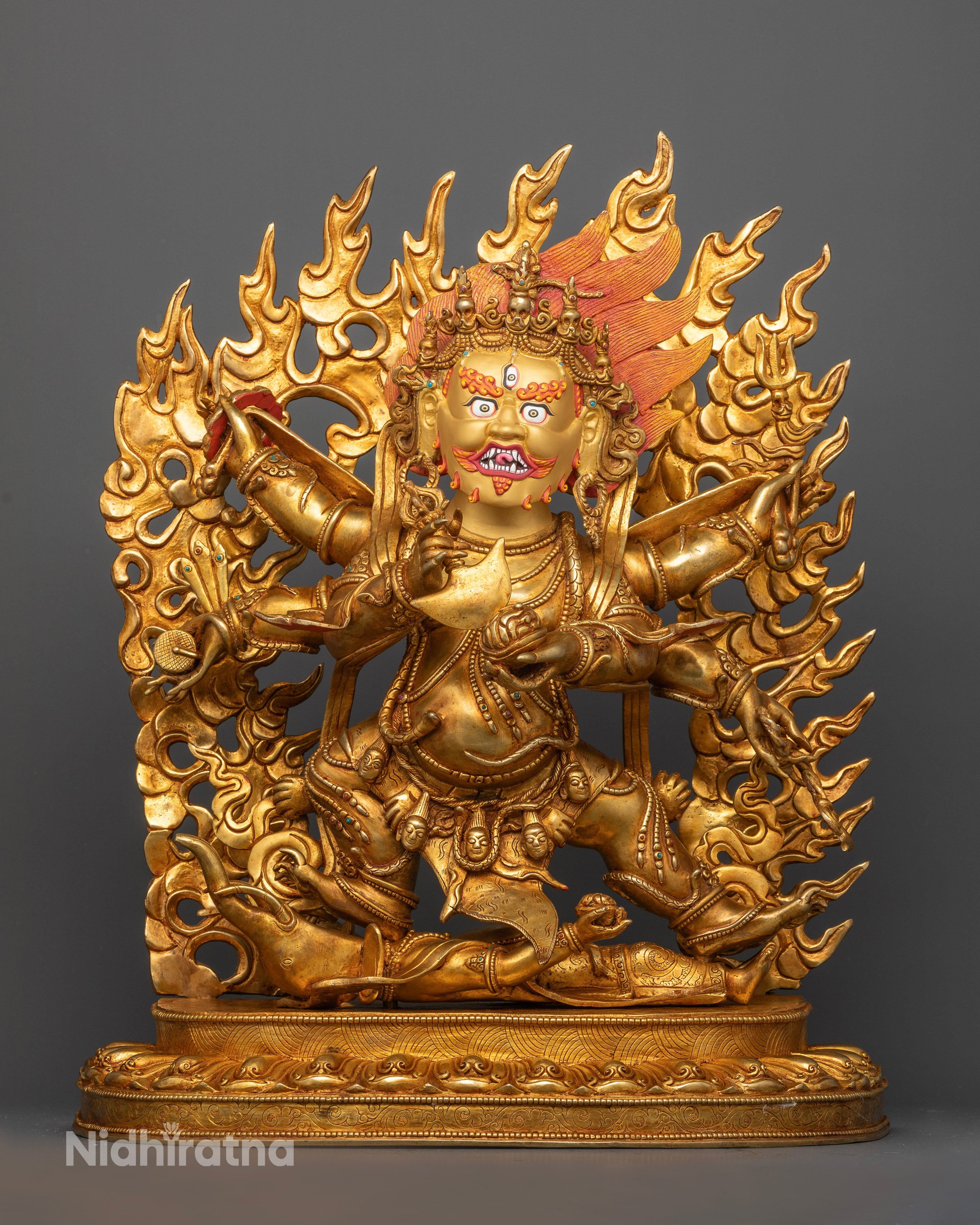 Six-Armed Mahakala Statue front view with 24K gold fire gilding and lotus pedestal