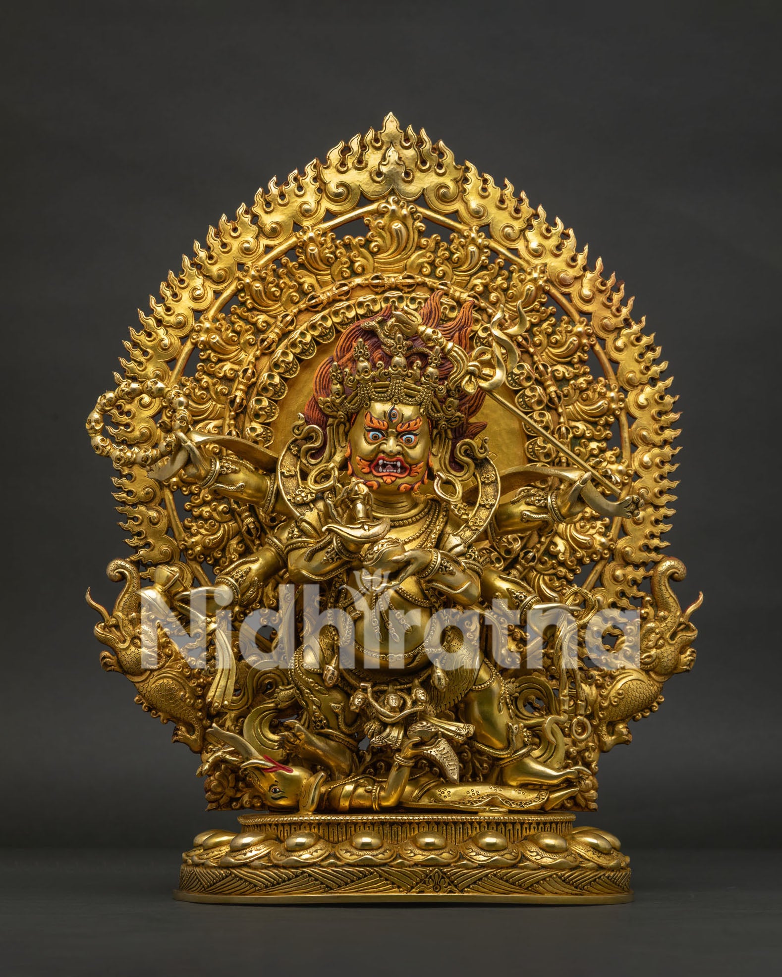 Six Armed Mahakala Statue gold gilded Nepalese Buddhist sculpture