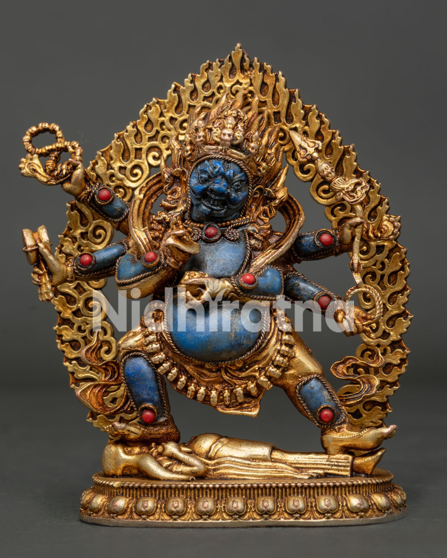 Six-Armed Mahakala Statue hand-carved semi-precious lapis lazuli with 24K gold gilded copper