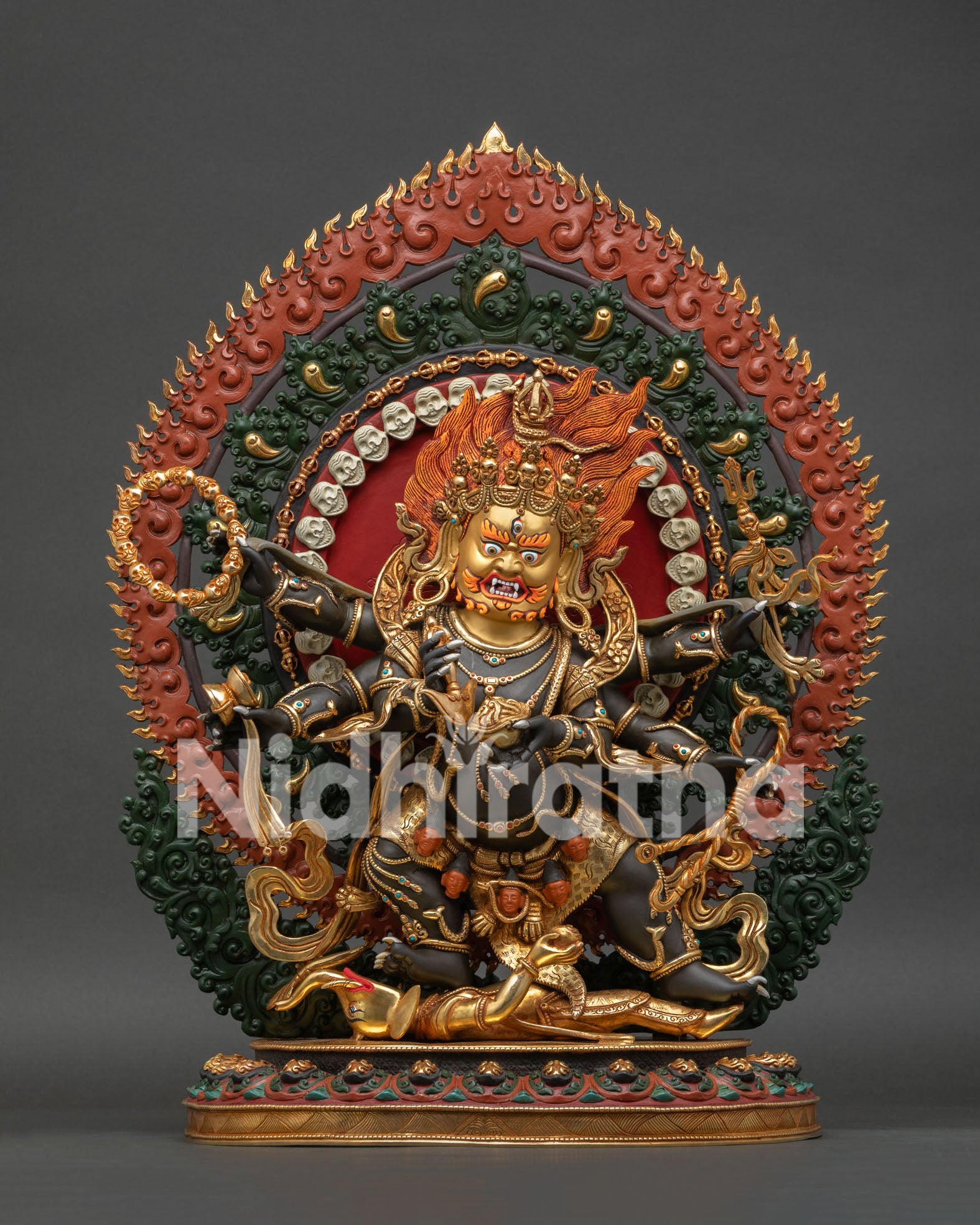 Six Armed Mahakala Statue Handcrafted in Nepal Gold Gilded Wrathful Buddhist Protector