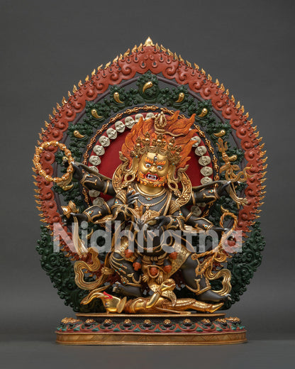 Six Armed Mahakala Statue Handcrafted in Nepal Gold Gilded Wrathful Buddhist Protector