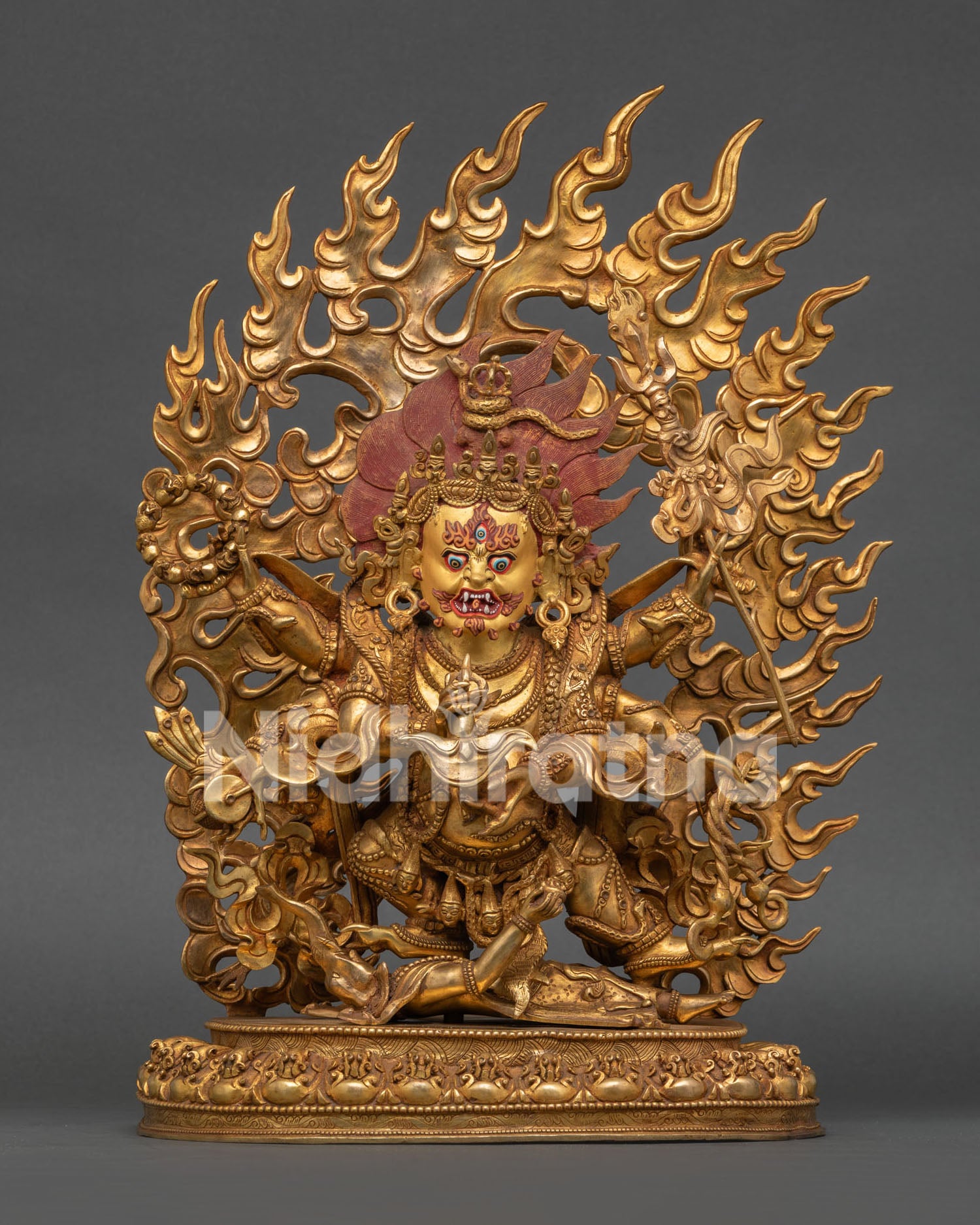 Six Armed Mahakala Statue, handcrafted in Nepal with 24K gold fire gilded finish and wrathful Buddhist protector form