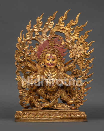 Six Armed Mahakala Statue, handcrafted in Nepal with 24K gold fire gilded finish and wrathful Buddhist protector form