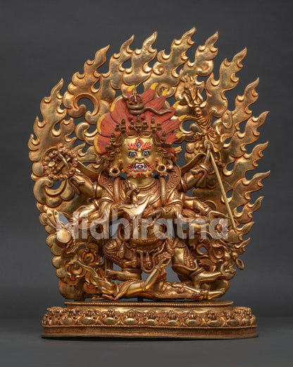 Six-Armed Mahakala statue, handcrafted in Patan, Nepal with 24K gold fire-gilded copper
