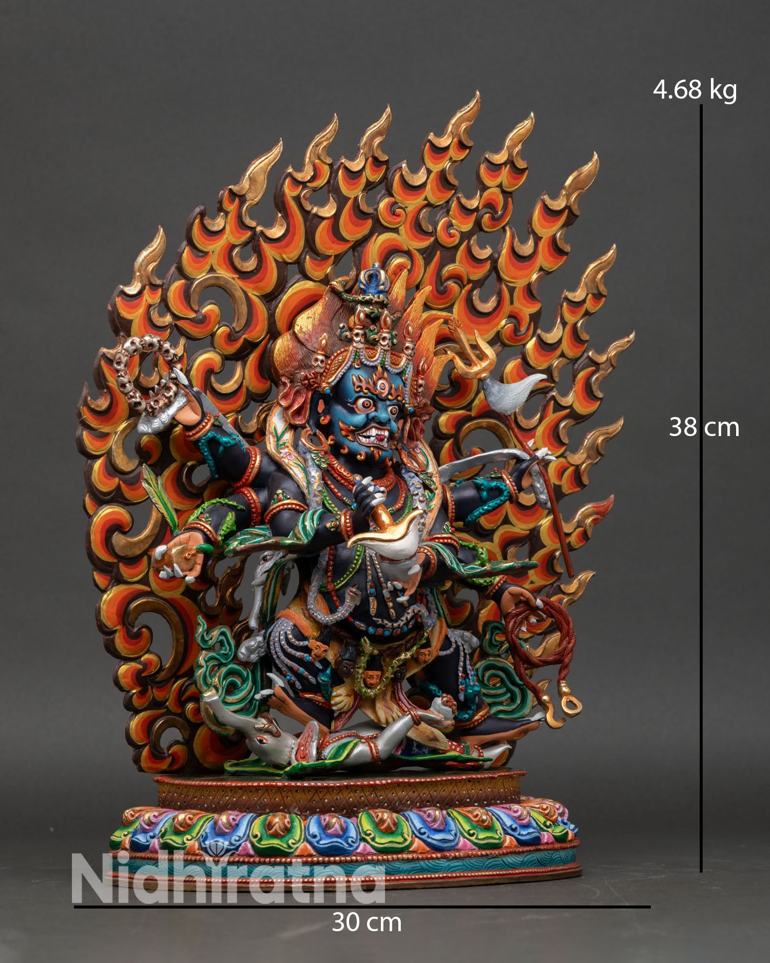 Six Armed Mahakala statue side view Kartika knife Kapala tiger skin garment lotus seat Himalayan sculpture