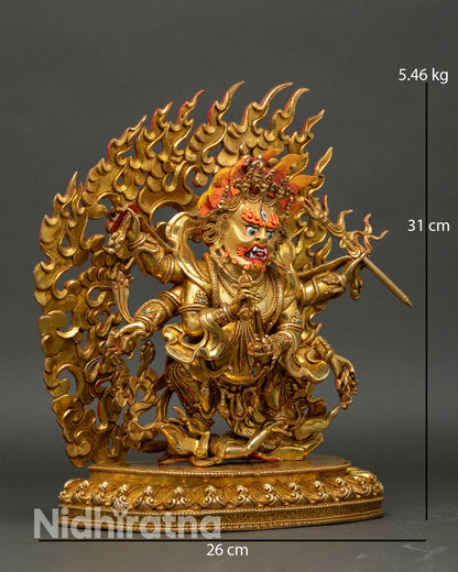 Six armed Mahakala statue side view lost wax cast Himalayan sculpture ritual objects, meditation decor