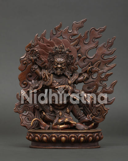 Six Armed Mahakala statue standing on human figure with lotus pedestal 3D carving.