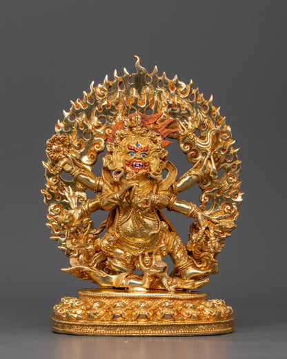 Six Armed Mahakala Statue with 24K Gold Gilding and Buddhist Dharma Protector Symbolism