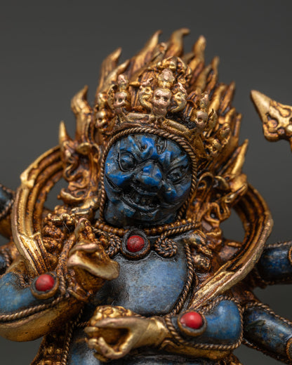 Six-Armed Mahakala Statue with deep blue lapis lazuli body and intricate copper flame aureole details