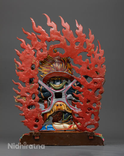 Six-Armed Mahakala Statue with Flaming Halo and Powerful Dharma Protector Symbolism.