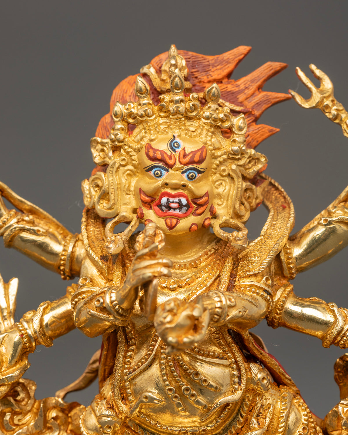Six Armed Mahakala Statue with Three Eyed Face Tiger Skin Garment and Blazing Wisdom Flames